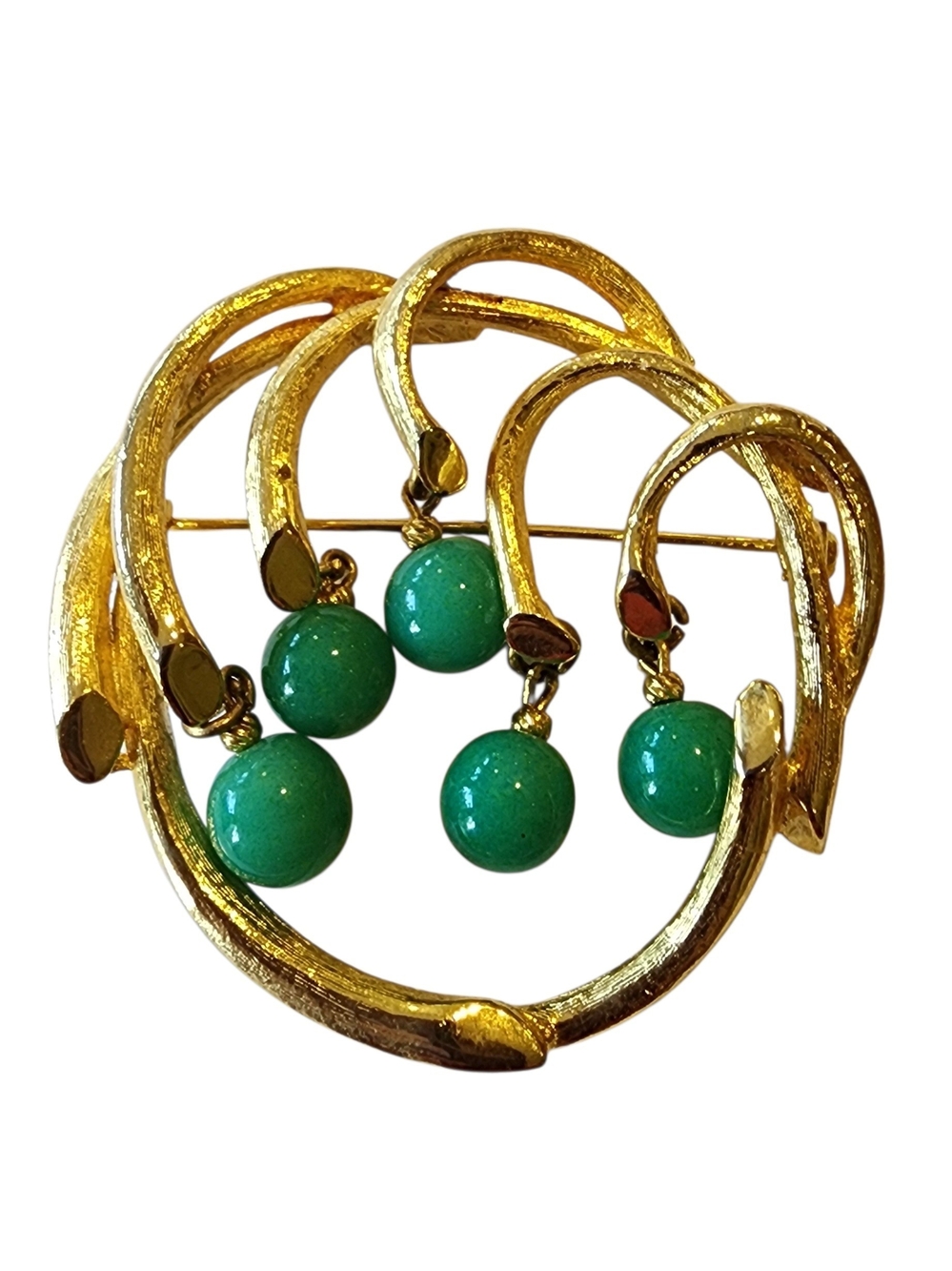 Gold-Tone Brooch with Green Bead Drops